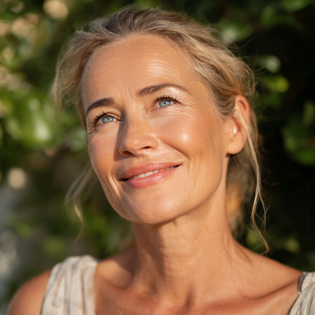 Усміхнений чоловік європейської зовнішності середнього віку виконує вправи йоги на природі, на фоні зеленого парку